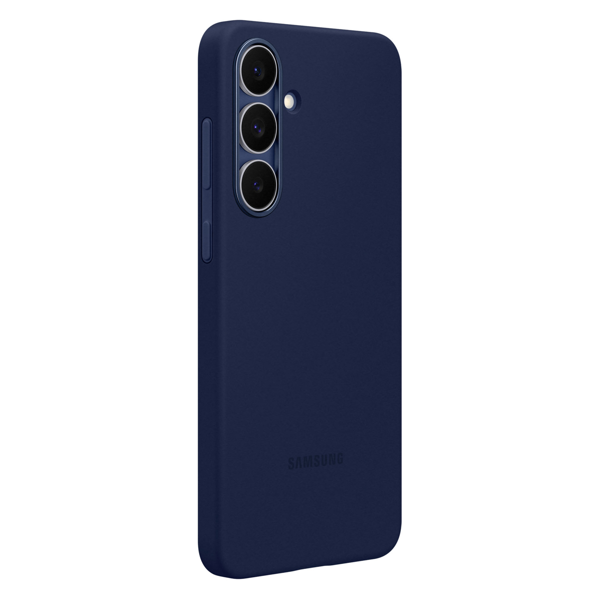 Una custodia blu scuro per smartphone. Ha tre obiettivi per fotocamera e un pulsante del volume. Il logo Samsung è in basso.