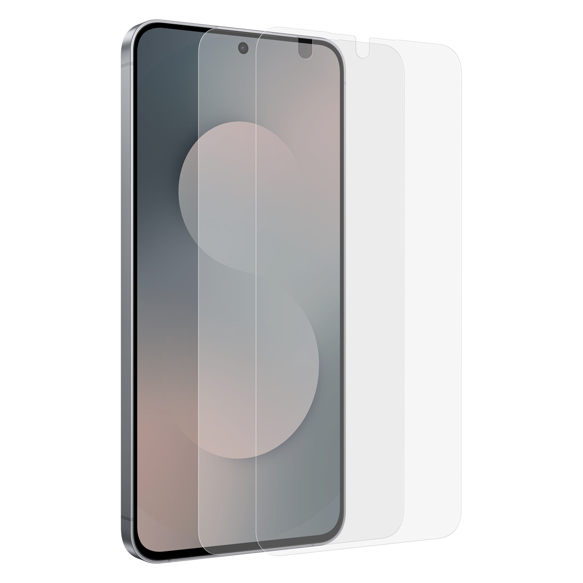 Un smartphone avec un protecteur d'écran à côté. Le téléphone est argenté, l'écran gris et le protecteur transparent.