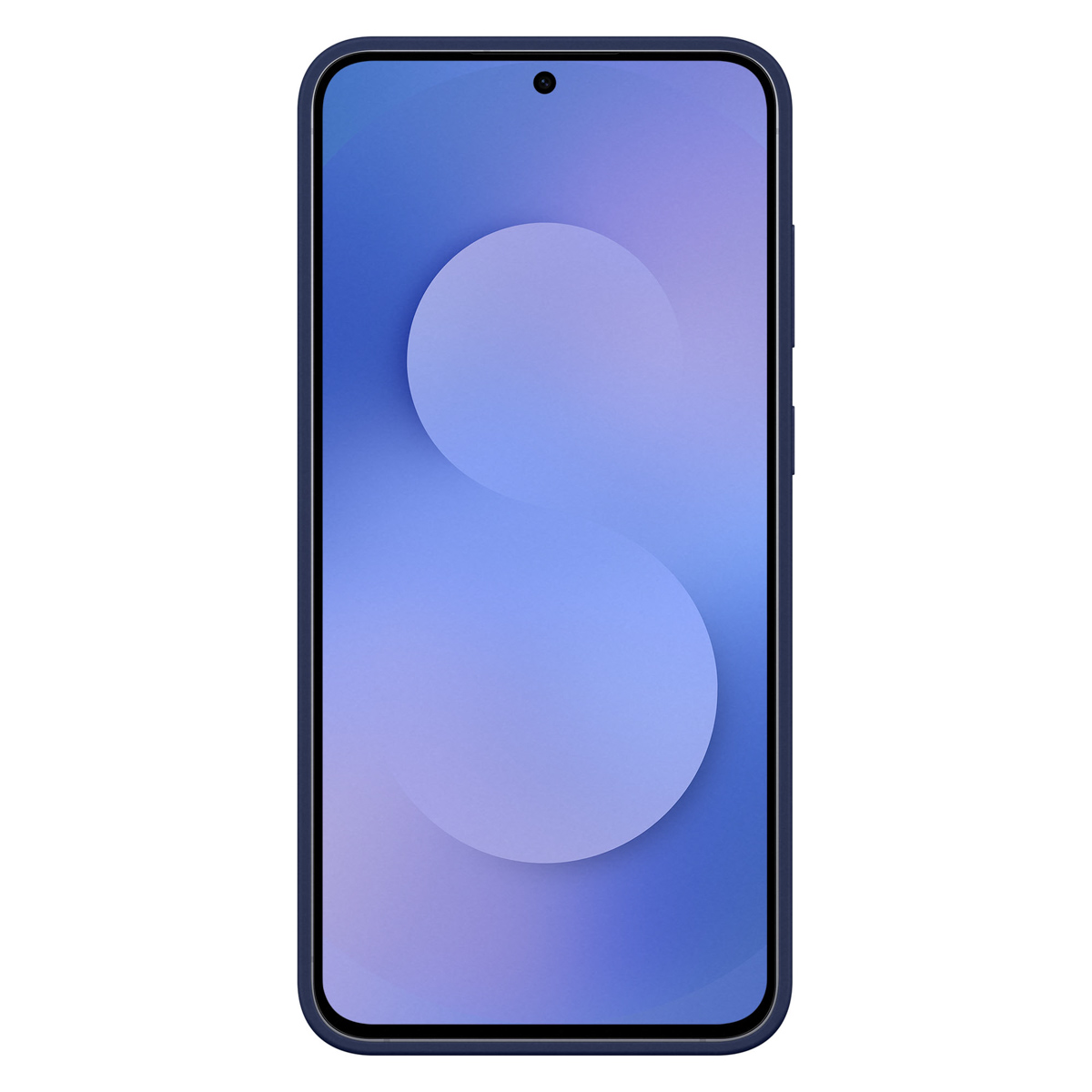 Uno smartphone con schermo blu che mostra uno sfondo azzurro con un cerchio bianco. Il telefono è blu con una fotocamera nera.