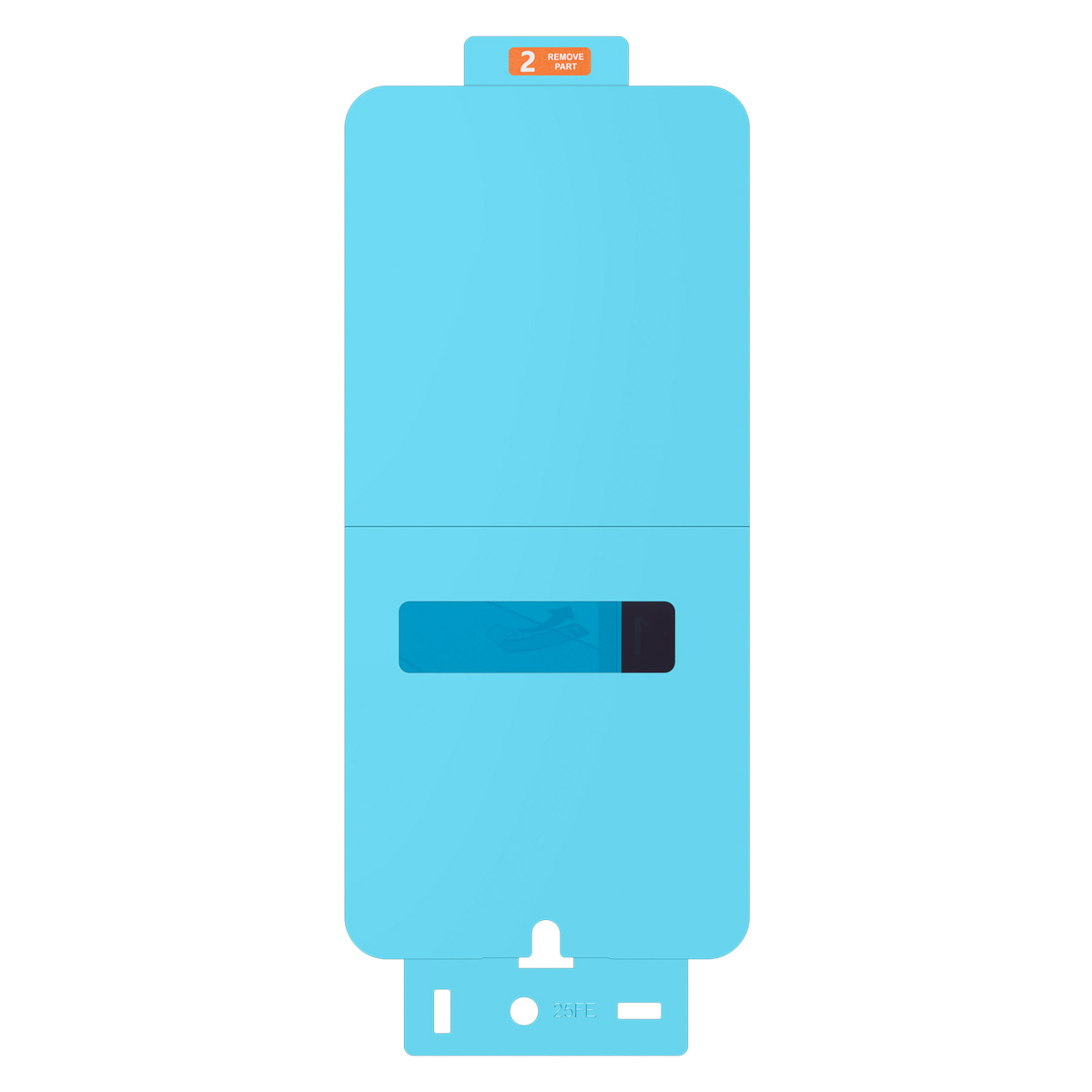 Un appareil bleu rectangulaire avec une section noire et une languette orange avec l'étiquette '2 Remove Part'.