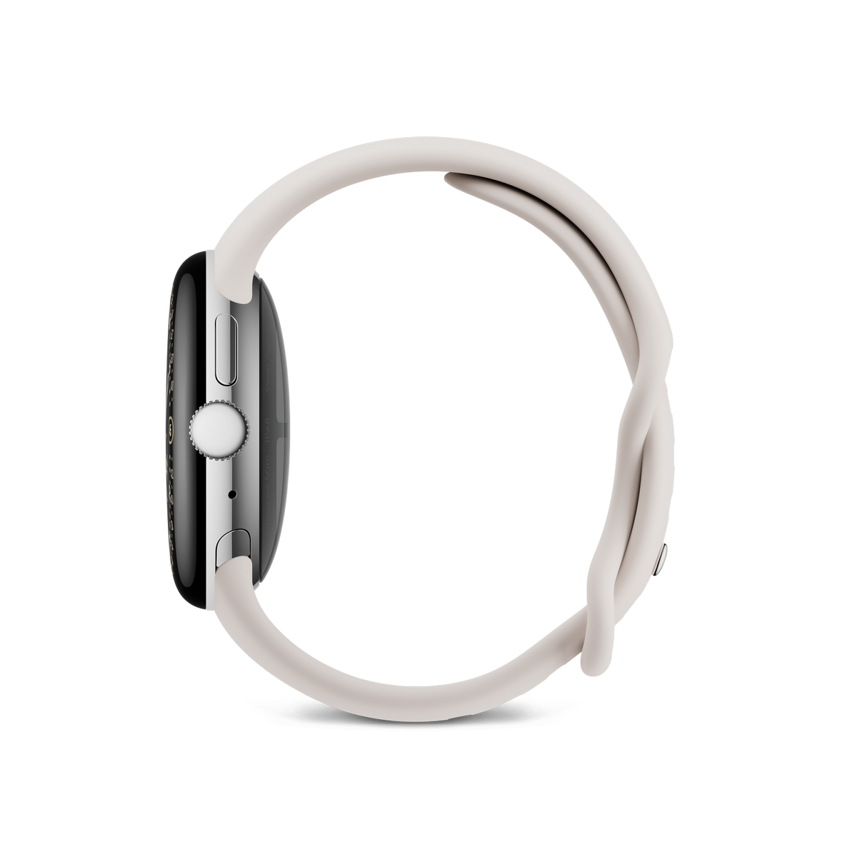 Srebrny Apple Watch z białym paskiem pokazany z boku. Tło jest czarne, podkreślając szczegóły zegarka.