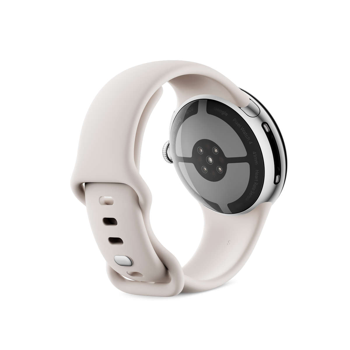 Kremowy Google Pixel Watch 4, widok z tyłu, z pasującym paskiem. Posiada czujnik tętna. Tło jest czarne.
