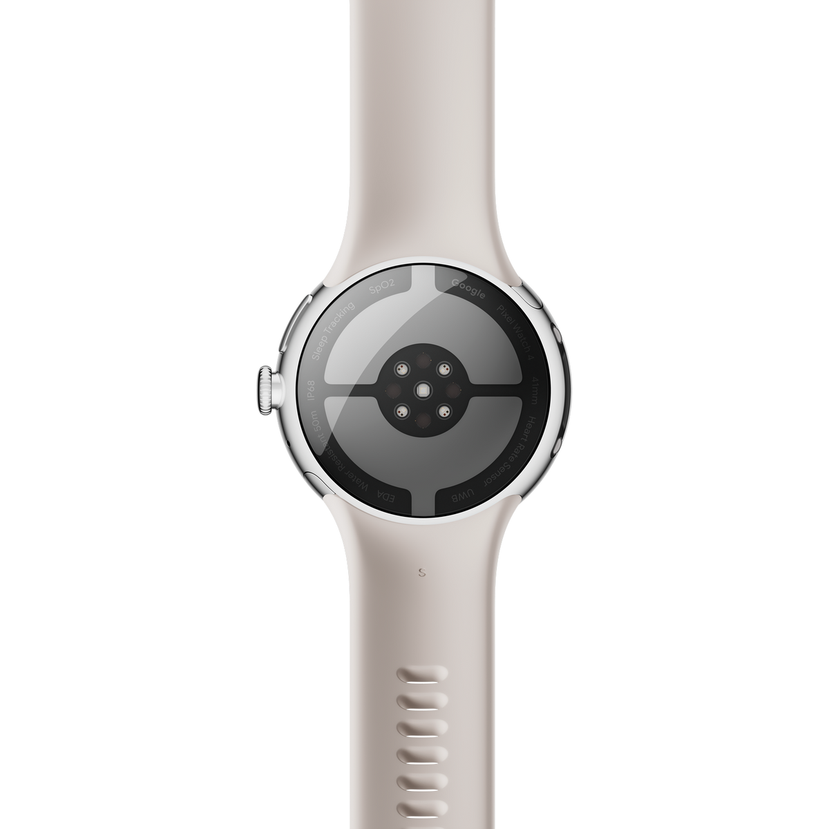Zbliżenie tyłu beżowego smartwatcha. Pokazuje czujniki, logo Google i szczegóły paska. Tło jest czarne.