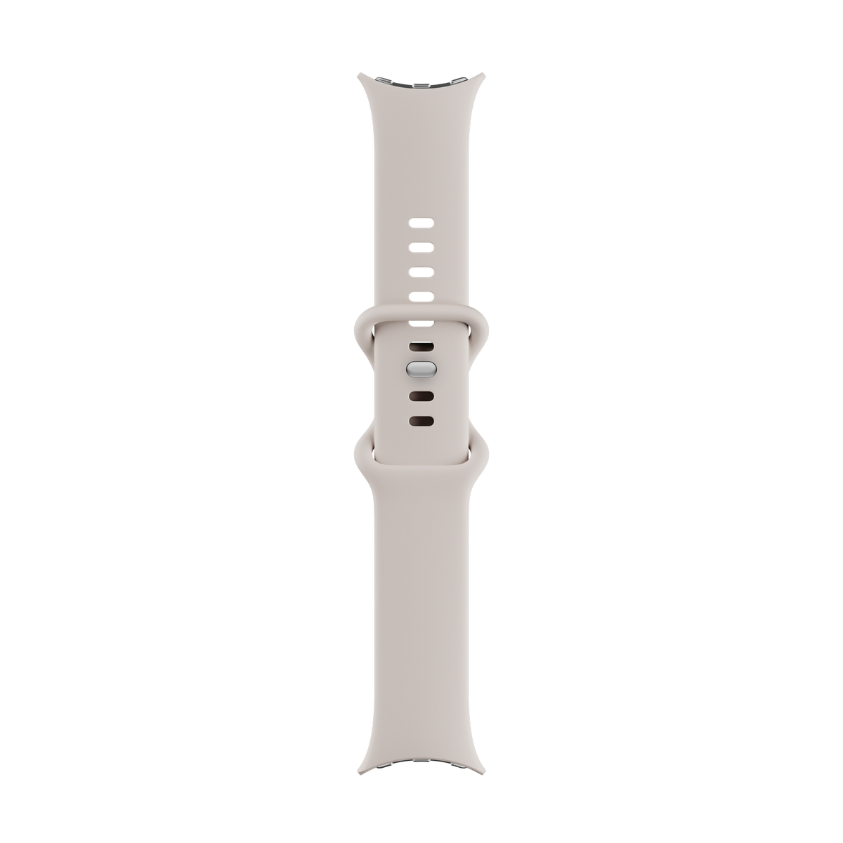 Jasny beżowy pasek do zegarka leży wyśrodkowany na czarnym tle. Ma klamrę i kilka otworów do regulacji.