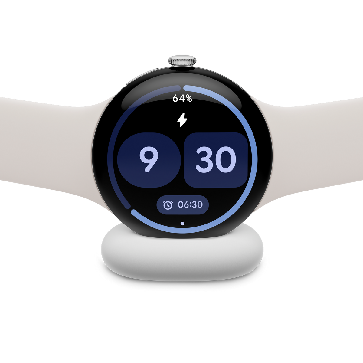 Czarny smartwatch z białym paskiem, wyświetlający godzinę 9:30, 64% naładowania i ikonę błyskawicy. Spoczywa na białej podstawie ładującej.
