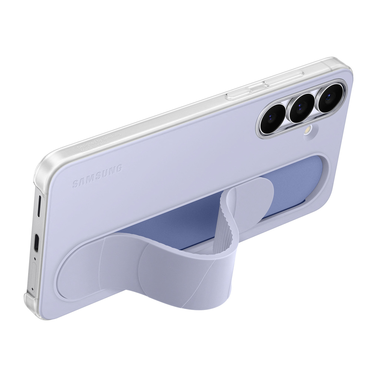 Una funda de teléfono Samsung lila claro con soporte. La funda tiene tres lentes de cámara. El soporte es gris claro.