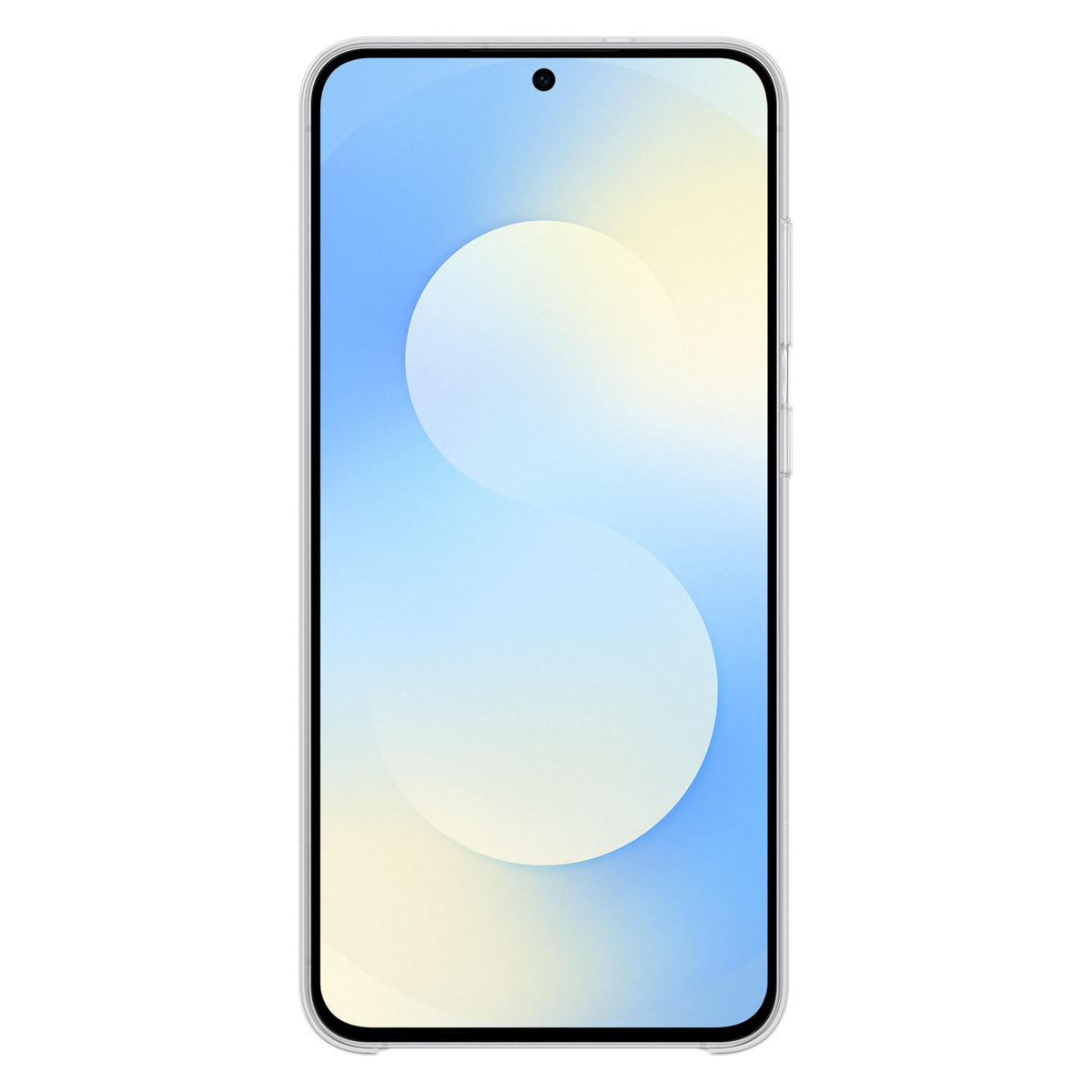 Un smartphone con una funda transparente. La pantalla muestra un degradado azul y amarillo con una forma curva blanca. Visible un punto negro de la cámara.