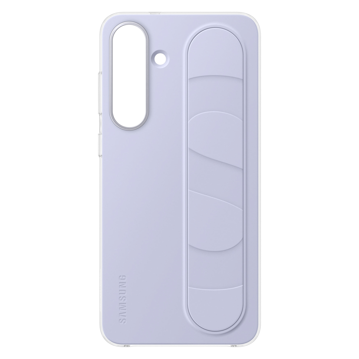 Una funda de teléfono morada clara con borde transparente. Tiene un agarre curvo largo y un logotipo de SAMSUNG.
