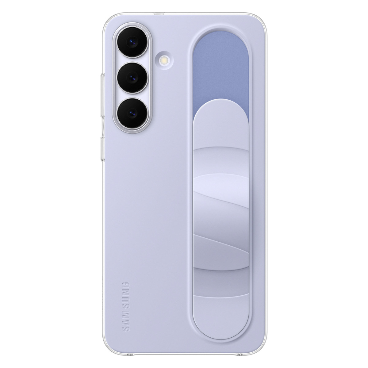 Una funda de teléfono lila claro con tarjetero. Cuenta con tres lentes de cámara y el logotipo de Samsung.