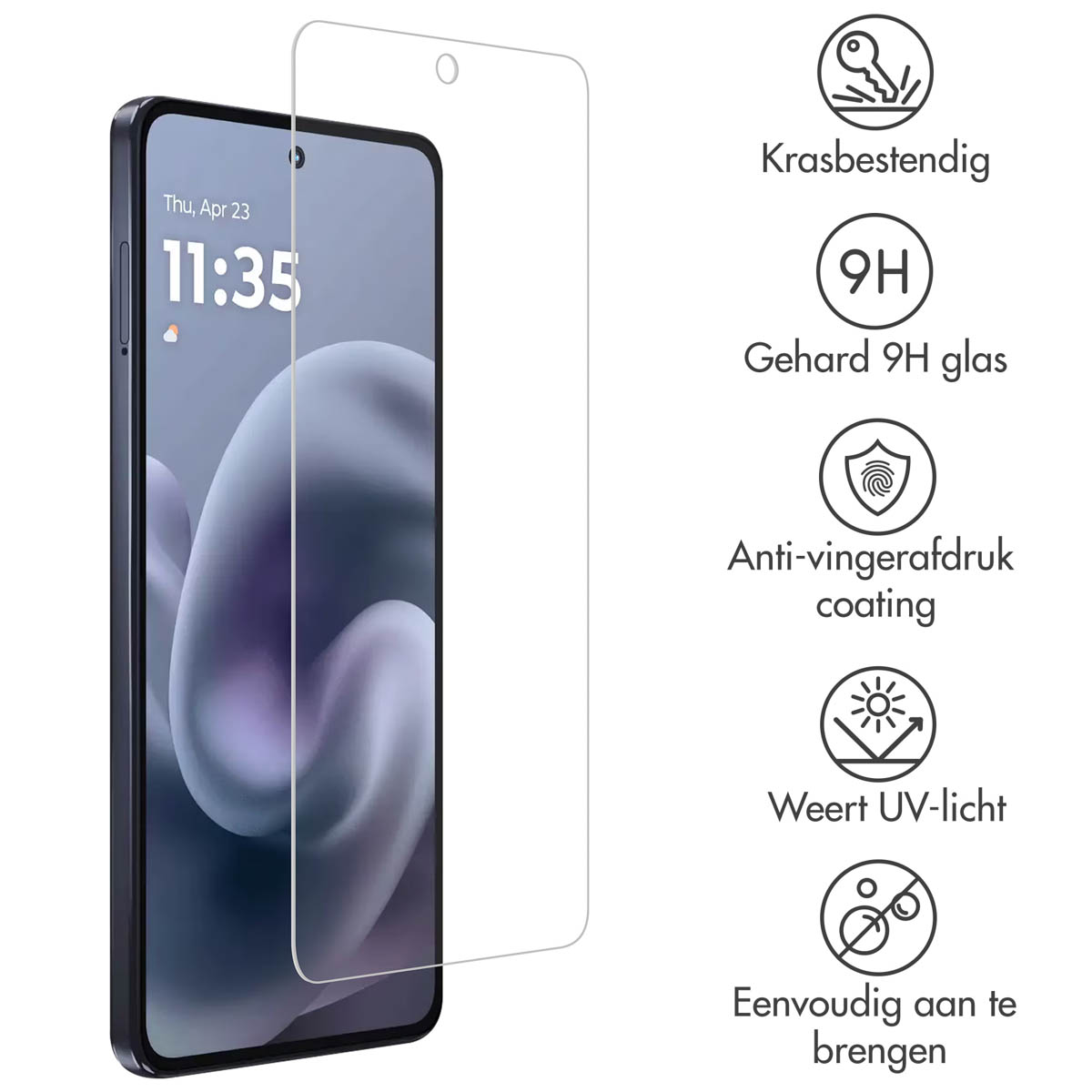 Een smartphone met een screenprotector erop. Tekst toont tijd en datum. Pictogrammen geven functies aan zoals krasbestendigheid.
