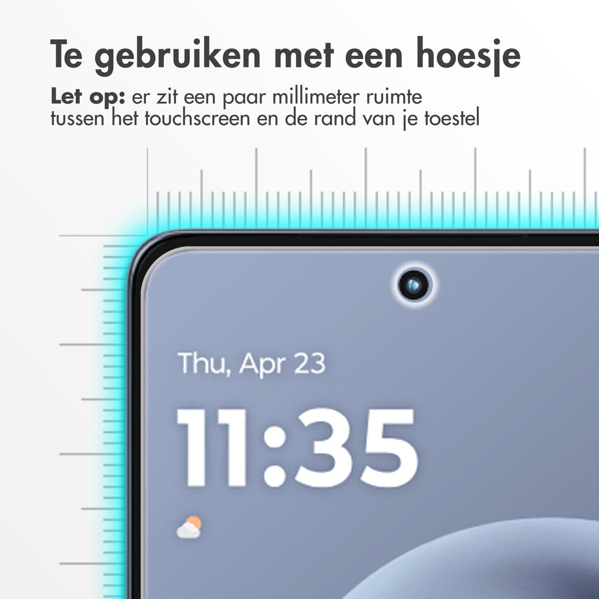 Een smartphonescherm toont tijd, datum en weer. Het heeft een camera aan de voorkant en een liniaal-achtig ontwerp.
