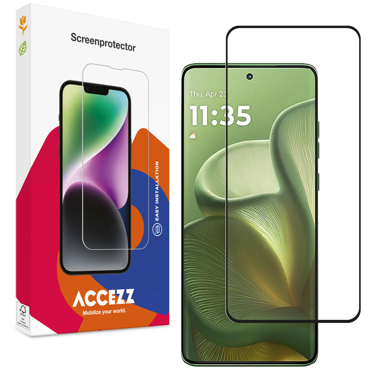 Een screenprotector doos met een telefoon en protector, en een telefoon met een groene bloemenachtergrond. De tijd is 11:35.