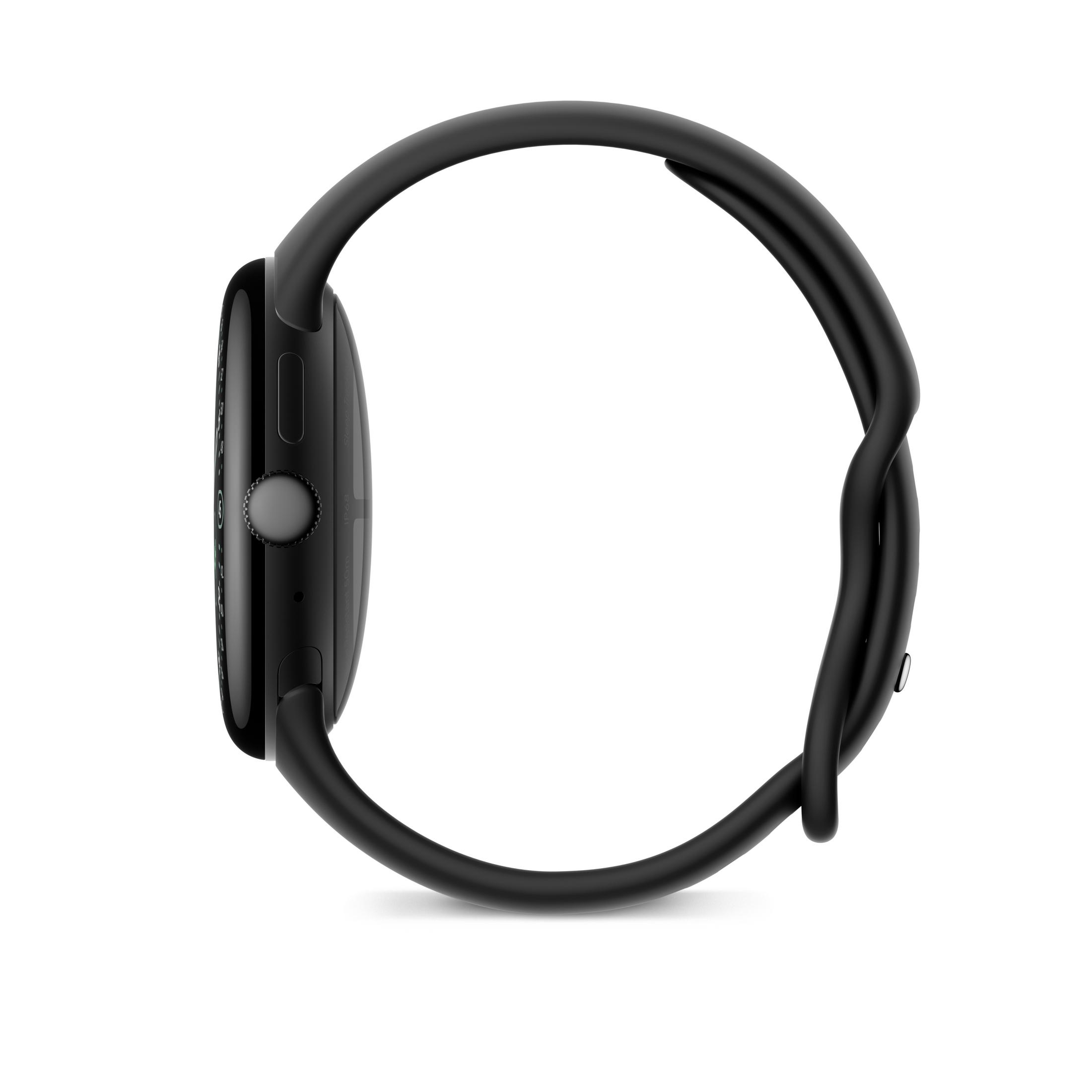 Czarny smartwatch na białym tle. Zegarek widoczny z boku, ukazujący zakrzywiony pasek i ekran.