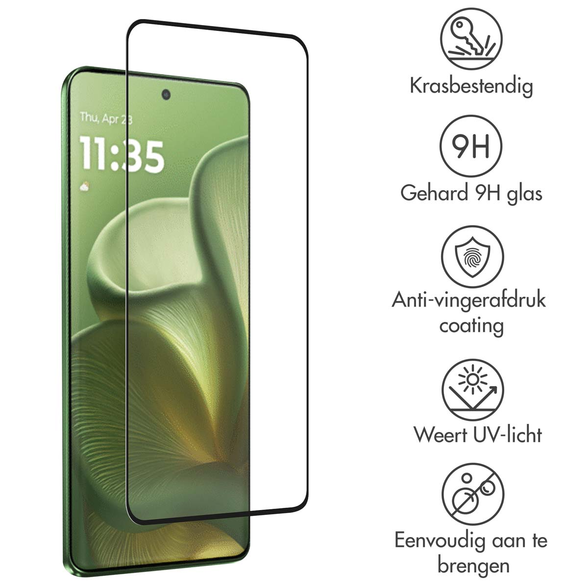 Een schermbeschermer en telefoon worden getoond. Tekstdetails: krasbestendigheid, 9H-glas, vingerafdrukcoating, UV-bescherming en eenvoudige applicatie.