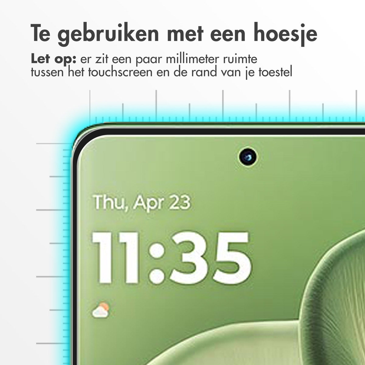 Een telefoonscherm toont de tijd 11:35, de datum en instructies in het Nederlands. Het scherm heeft een groene achtergrond met een zwarte rand.