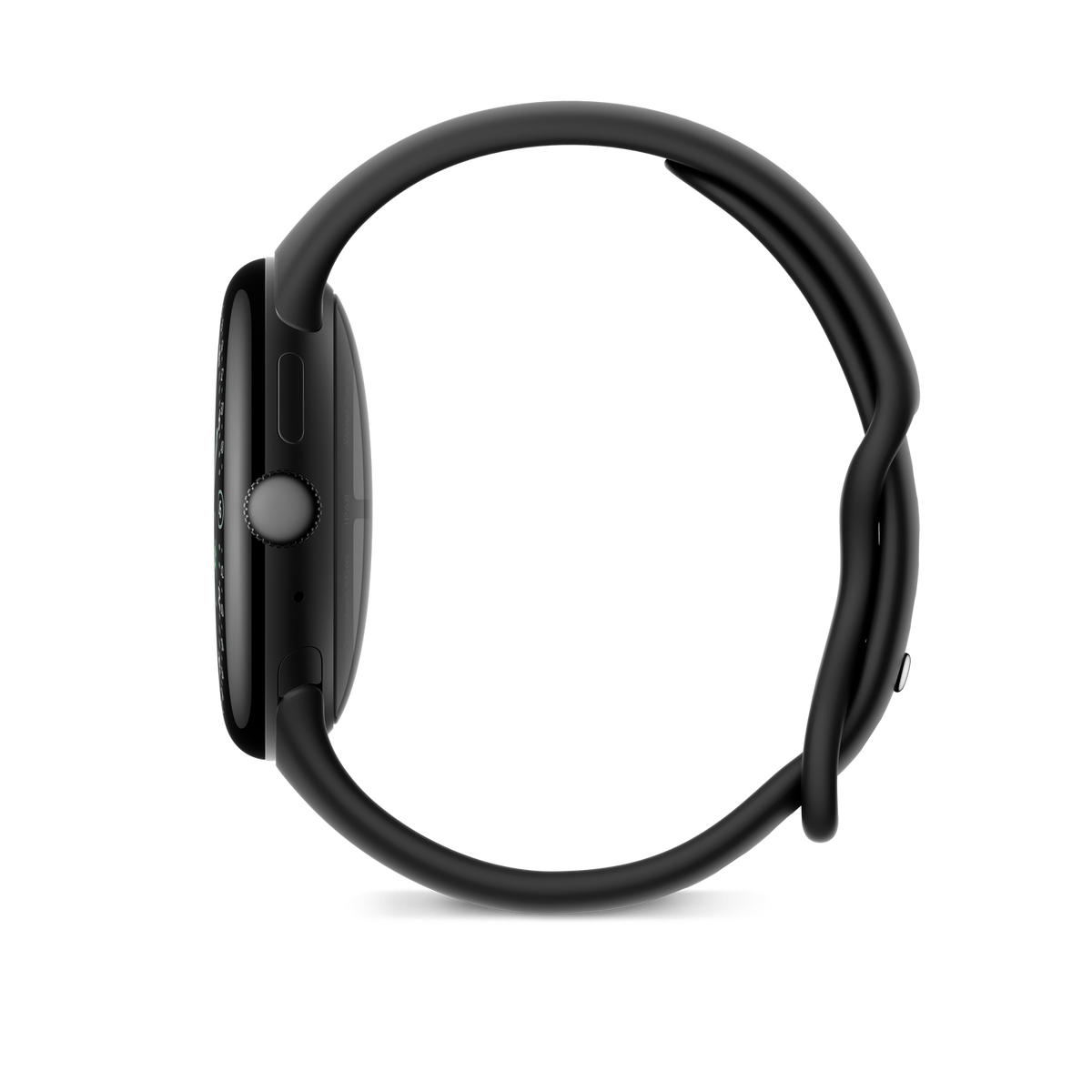 Widok z boku czarnego smartwatcha na czarnym tle. Zegarek ma okrągły ekran, czarny pasek i boczny przycisk.