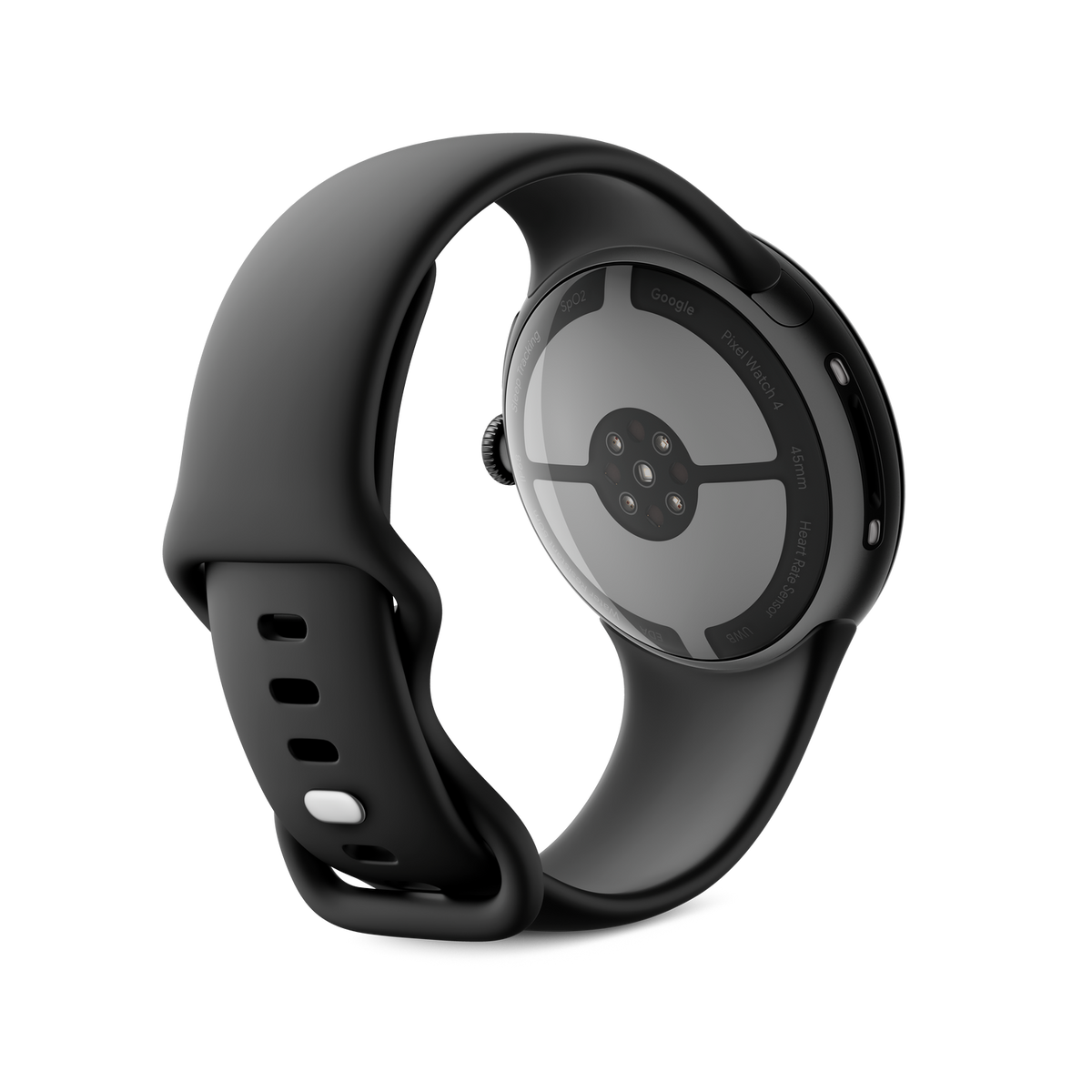 Czarny Pixel Watch 4, widok z tyłu. Pokazuje czujnik tętna i pasek. Tło jest czarne.