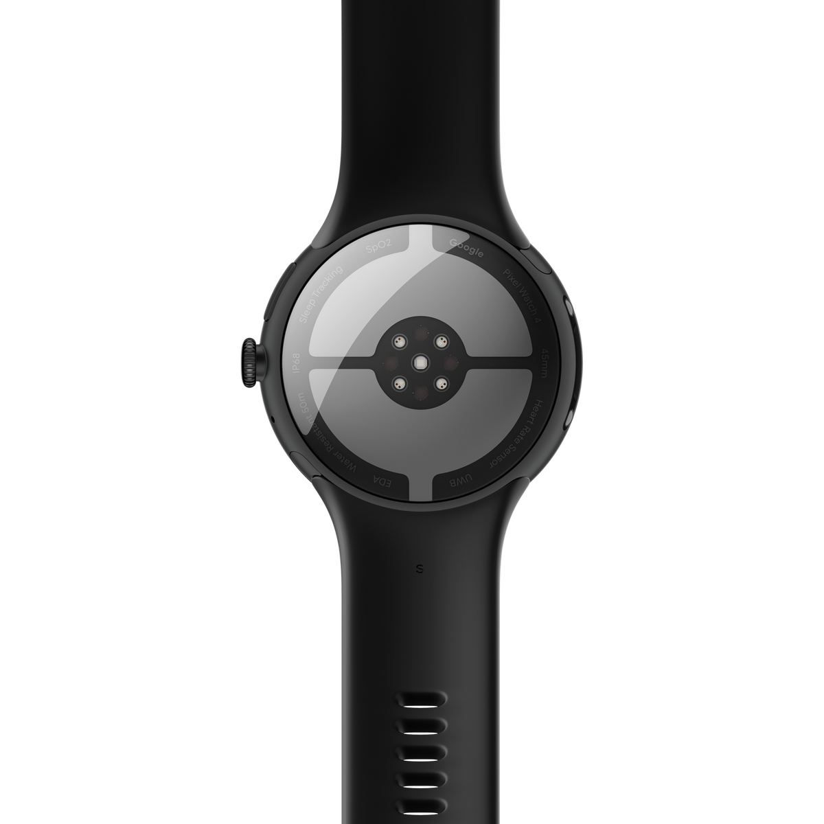Czarny Google Pixel Watch 4, tył z czujnikami, paskiem i tekstem, np. 'Czujnik tętna' i 'Wodoodporność 50m'.