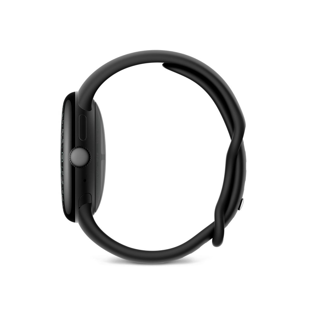 Czarny smartwatch z zakrzywionym czarnym paskiem na czarnym tle. Widoczna tarcza zegarka i pasek.