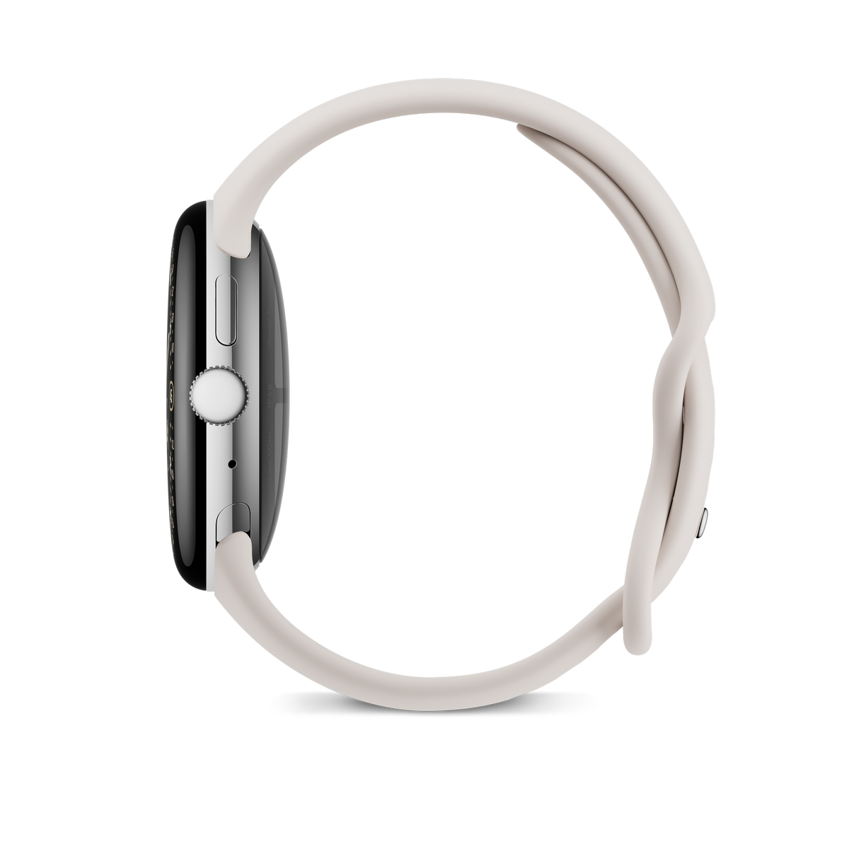 Srebrny smartwatch z białym paskiem jest wyświetlany na czarnym tle. Zegarek pokazuje profil boczny.