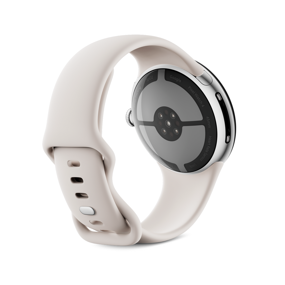 Pixel Watch 4 z kremowym paskiem, tarcza zegarka jest szara i srebrna. Pasek owija się wokół zegarka.