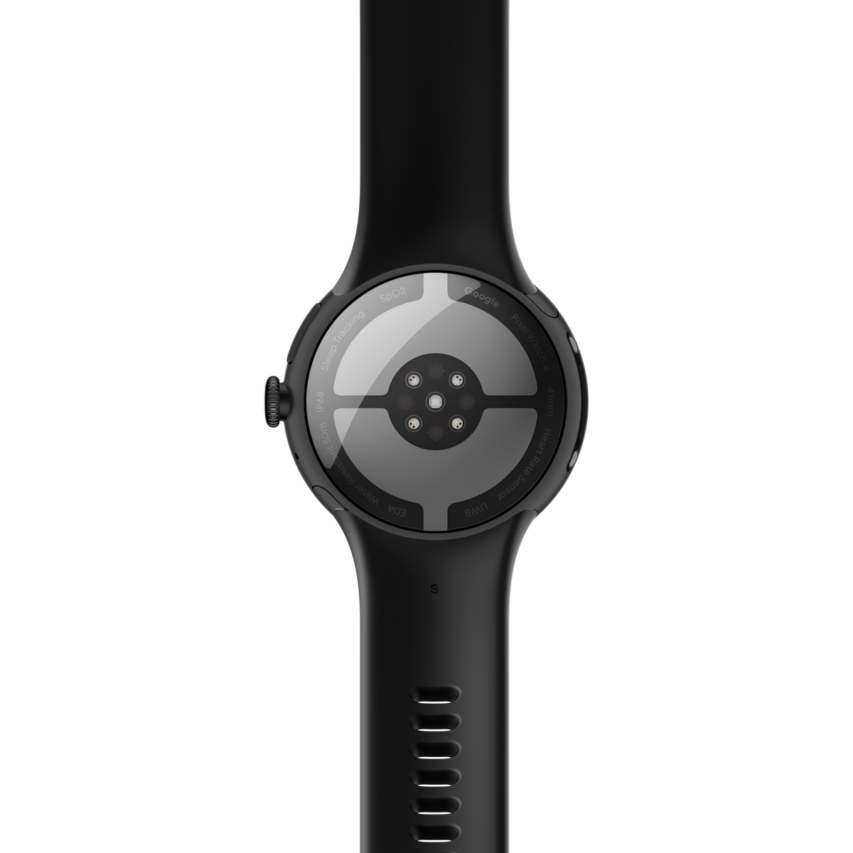 Czarny zegarek Google Pixel Watch z tyłem do góry. Funkcje obejmują: Śledzenie snu, SpO2, Czujnik tętna, EDA i UWB.