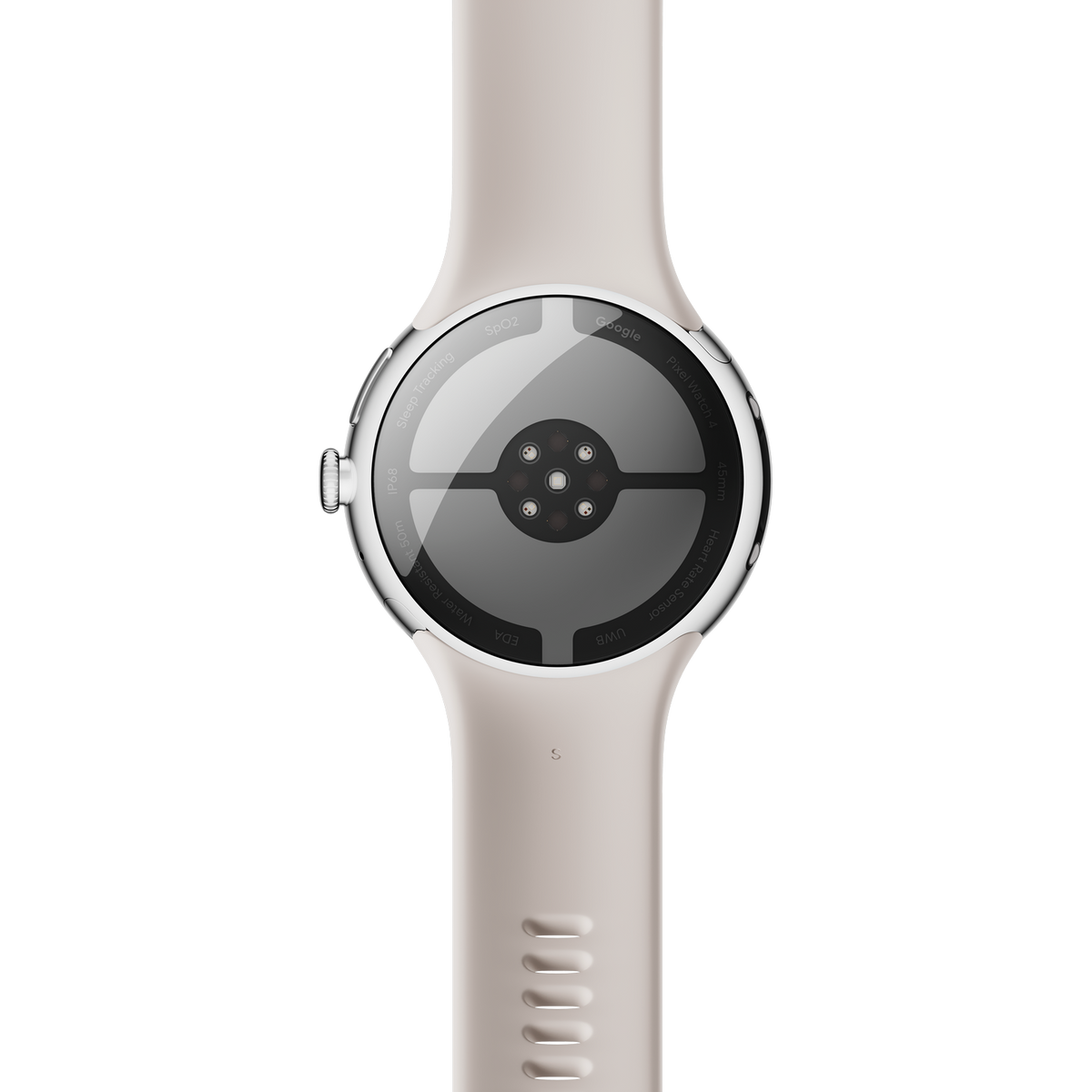 Zbliżenie Google Pixel Watch 4. Ma okrągłą tarczę z czujnikami z tyłu i jasnobeżowy pasek.