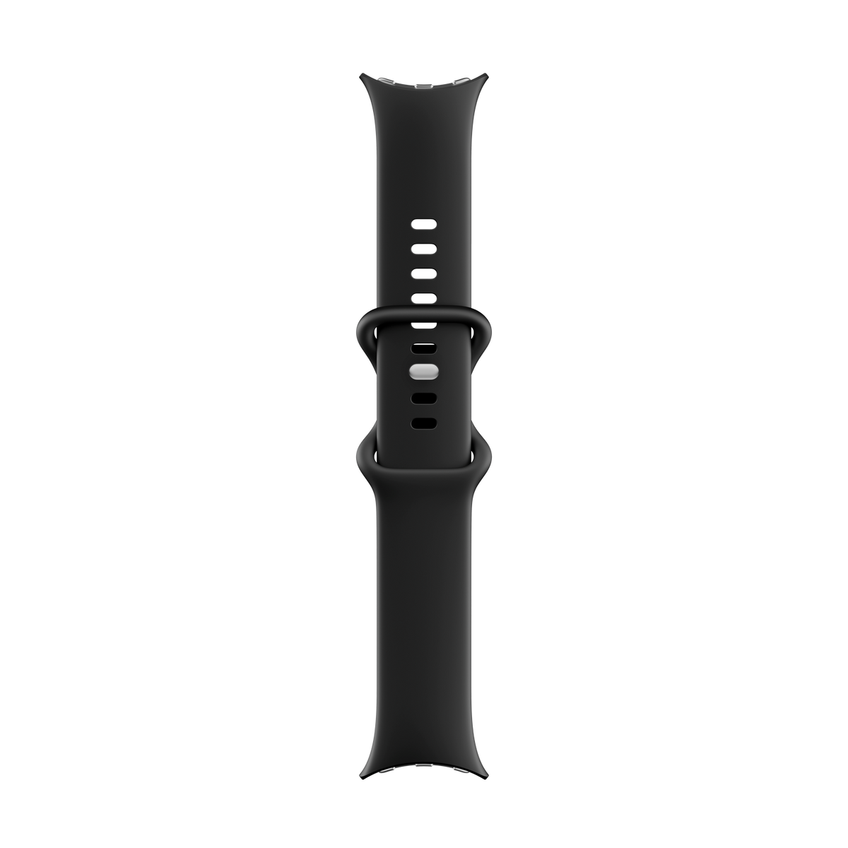 Czarny pasek do zegarka leży pionowo na czarnym tle. Posiada sprzączkę i kilka otworów do regulacji.