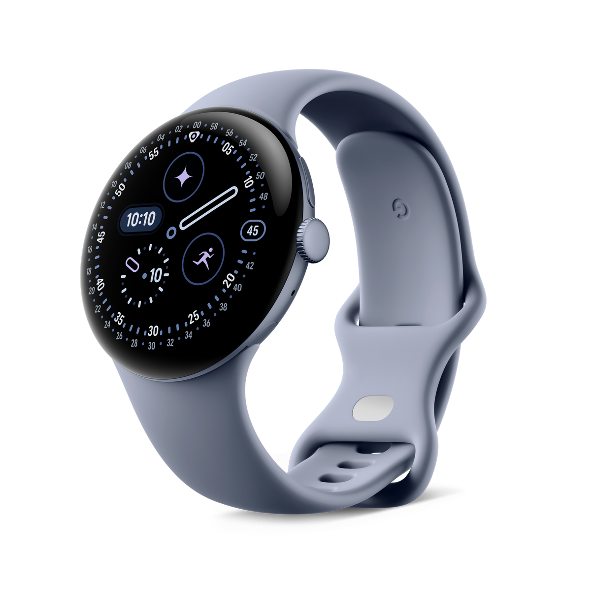 Jasnoniebieski smartwatch wyświetlający godzinę 10:10. Zegarek pokazuje ikony fitness i okrągły design na czarnym tle.