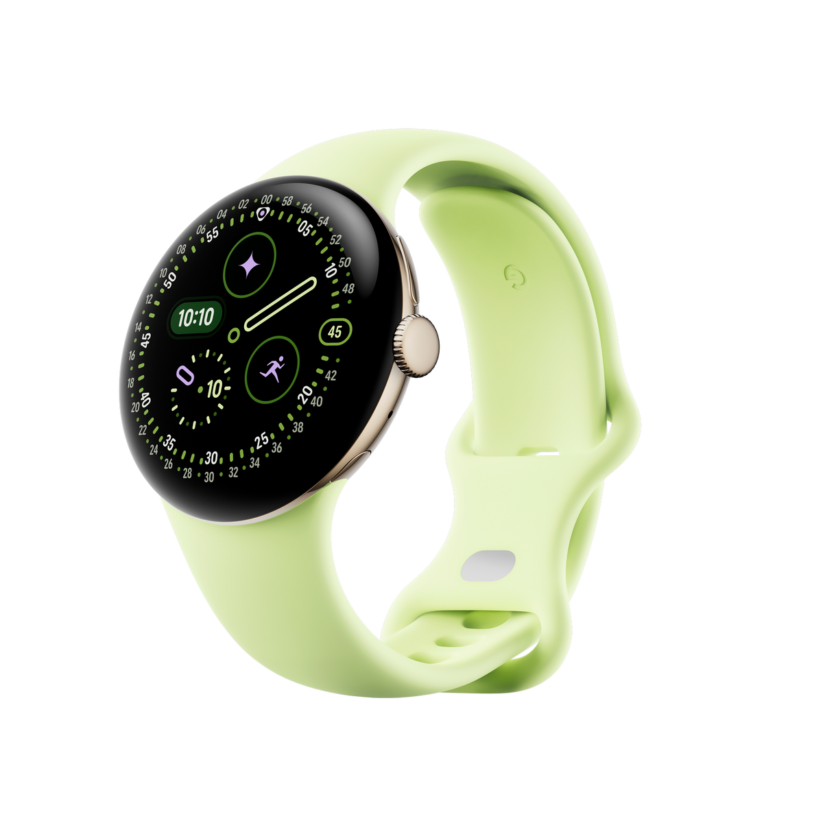 Jasnozielony smartwatch z pasującym paskiem na czarnym tle. Tarcza pokazuje godzinę i dane fitness.