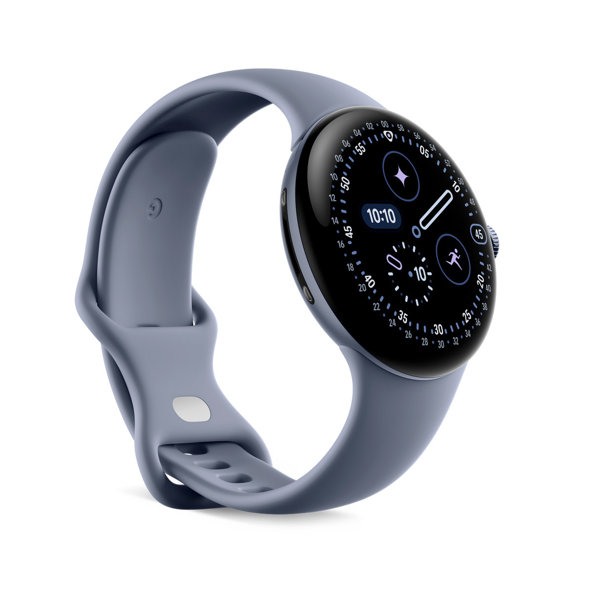 Niebieski smartwatch z zakrzywionym paskiem wyświetla godzinę 10:10. Zegarek jest na czarnym tle.