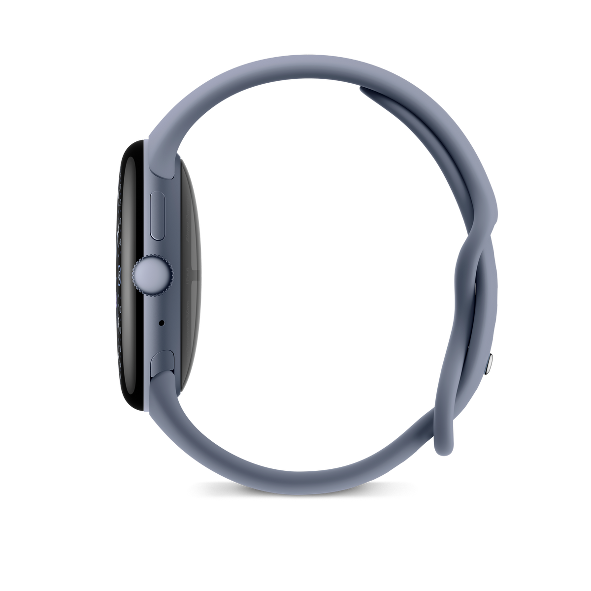 Widok z boku niebieskiego smartwatcha z czarnym ekranem i niebieskim paskiem na czarnym tle.