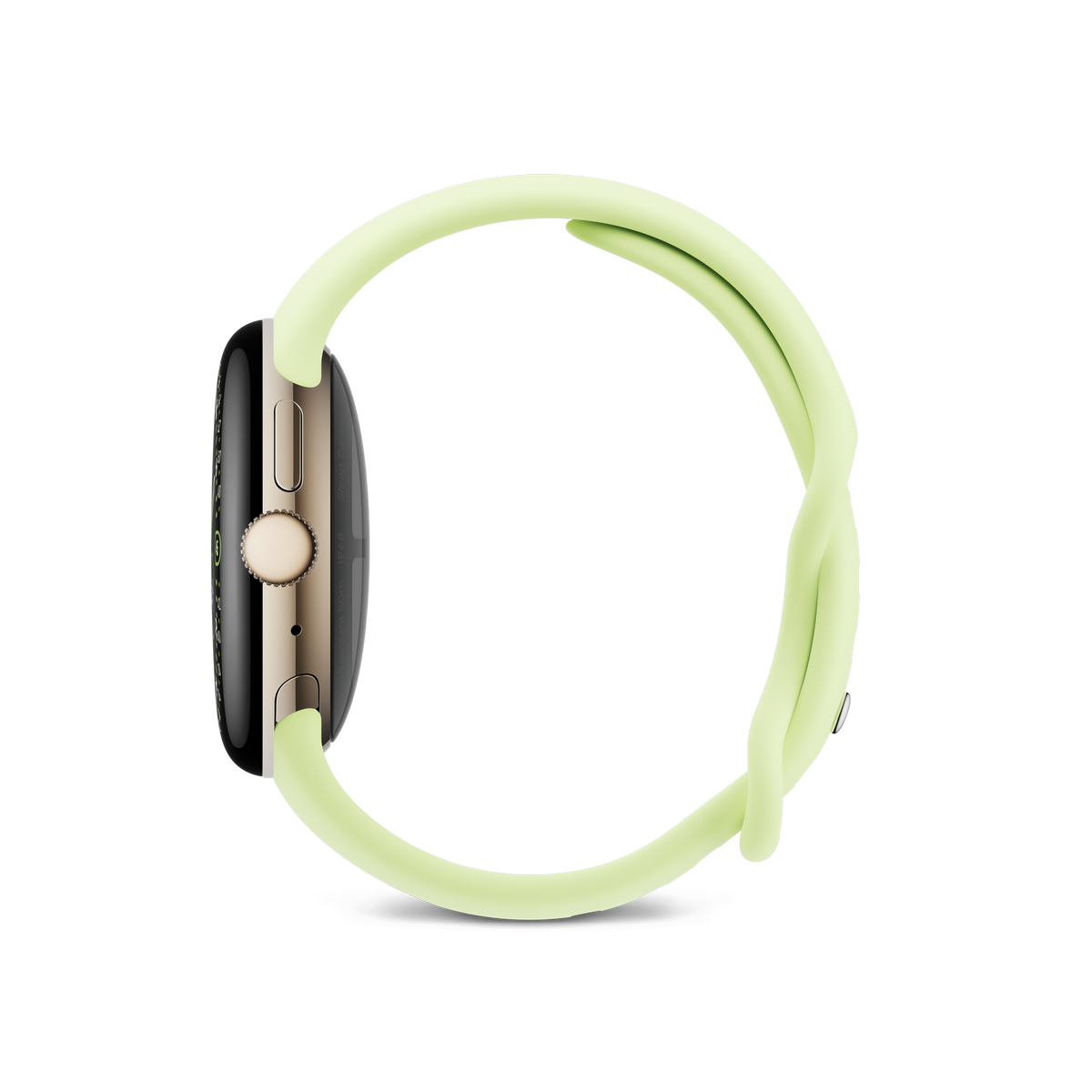 Złoty Apple Watch z jasnozielonym paskiem jest wyświetlany na czarnym tle. Zegarek widać z boku.