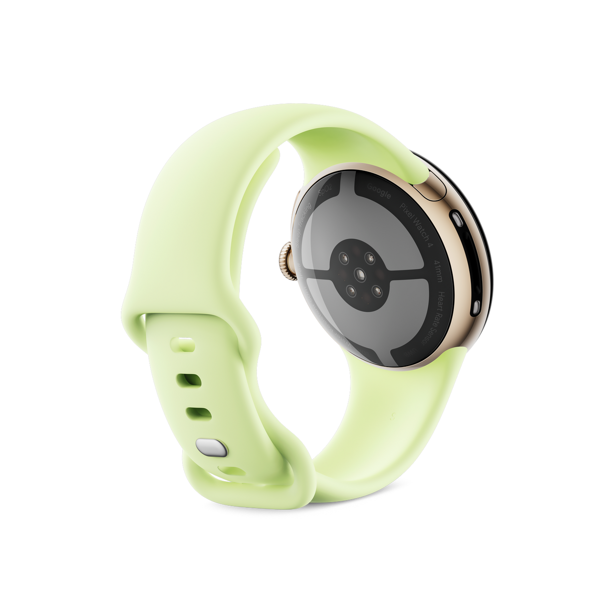 Jasnozielony zegarek Google Pixel Watch 4 z pasującym paskiem. Tarcza zegarka jest czarna z nazwą i czujnikiem tętna.