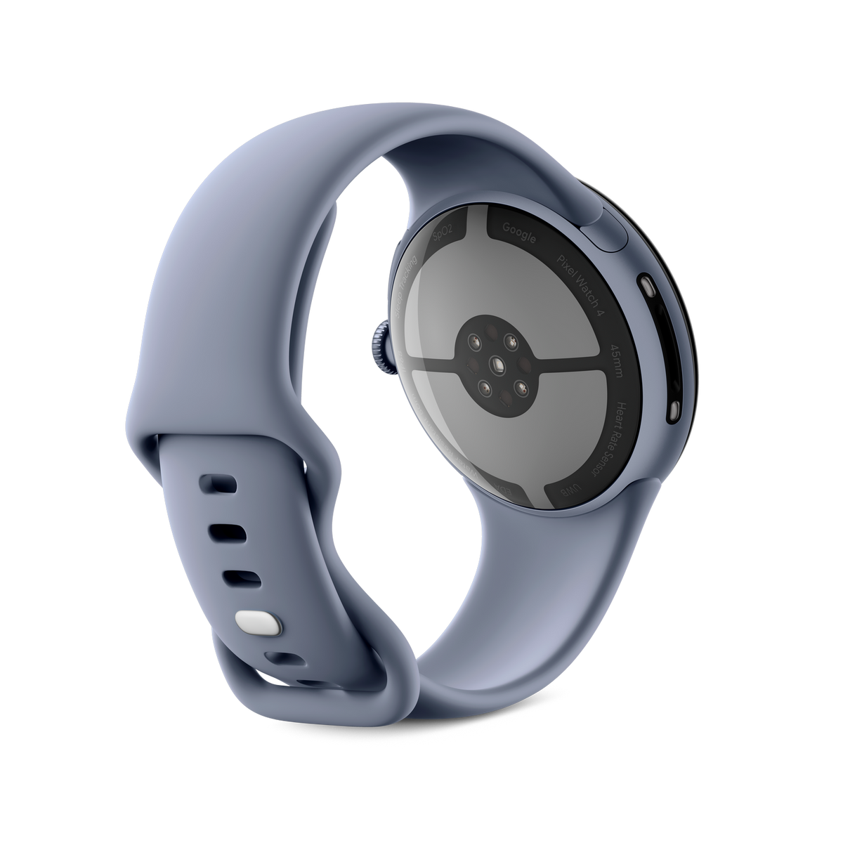 Niebieski zegarek Google Pixel Watch 4. Widok z tyłu pokazuje czujnik tętna, a pasek jest zakrzywiony.