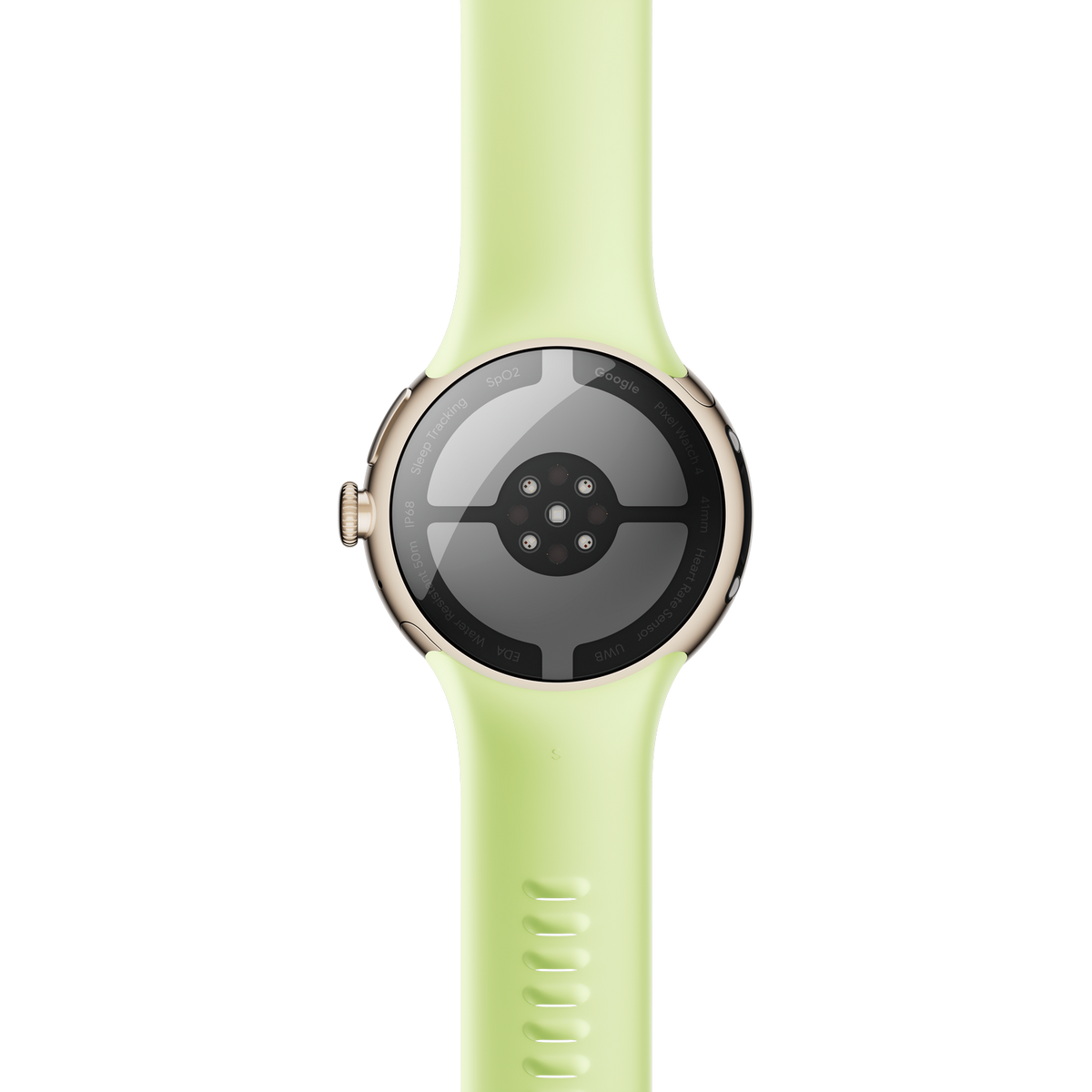 Widok z tyłu zegarka Google Pixel Watch. Jasnozielony pasek, złota obudowa, czarny panel czujnika z tekstem, np. 'Heart Rate Sensor' i 'Sleep Tracking'.