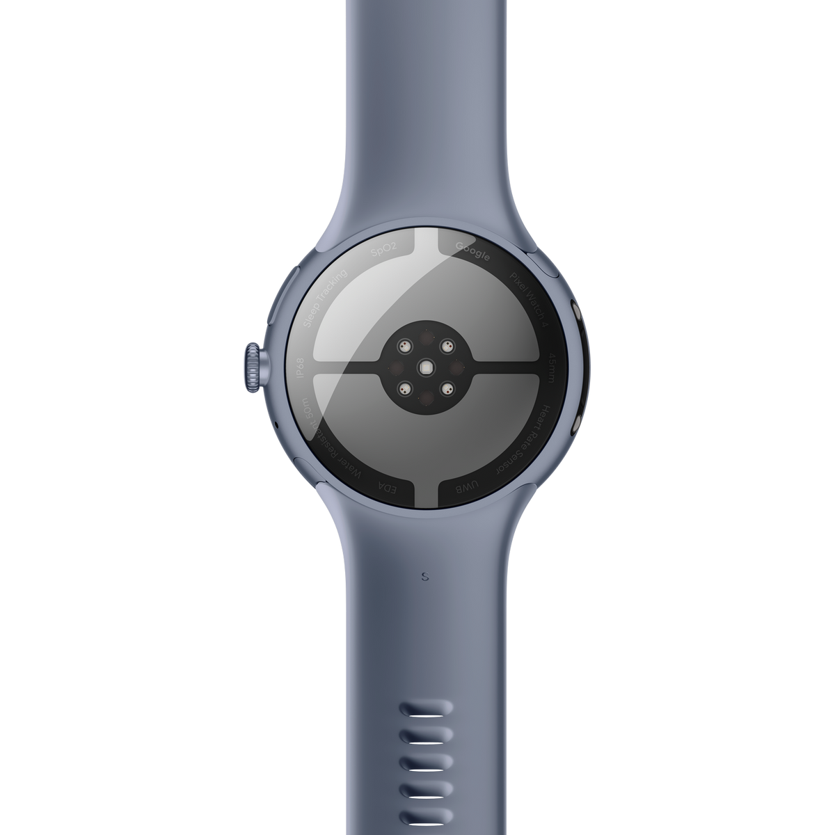 Zbliżenie tyłu niebieskiego smartwatcha. Zawiera czujniki, logo Google i specyfikacje, takie jak wodoodporność i tętno.