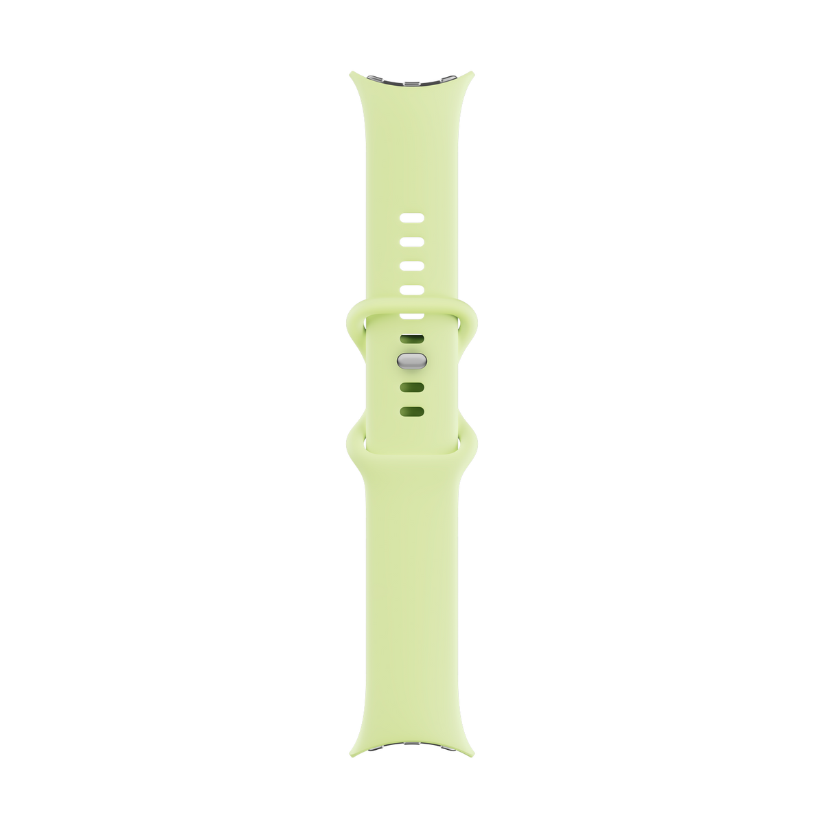 Jasnozielony pasek do Apple Watch, wyśrodkowany pionowo na czarnym tle. Pasek jest nowy i ma klamrę.