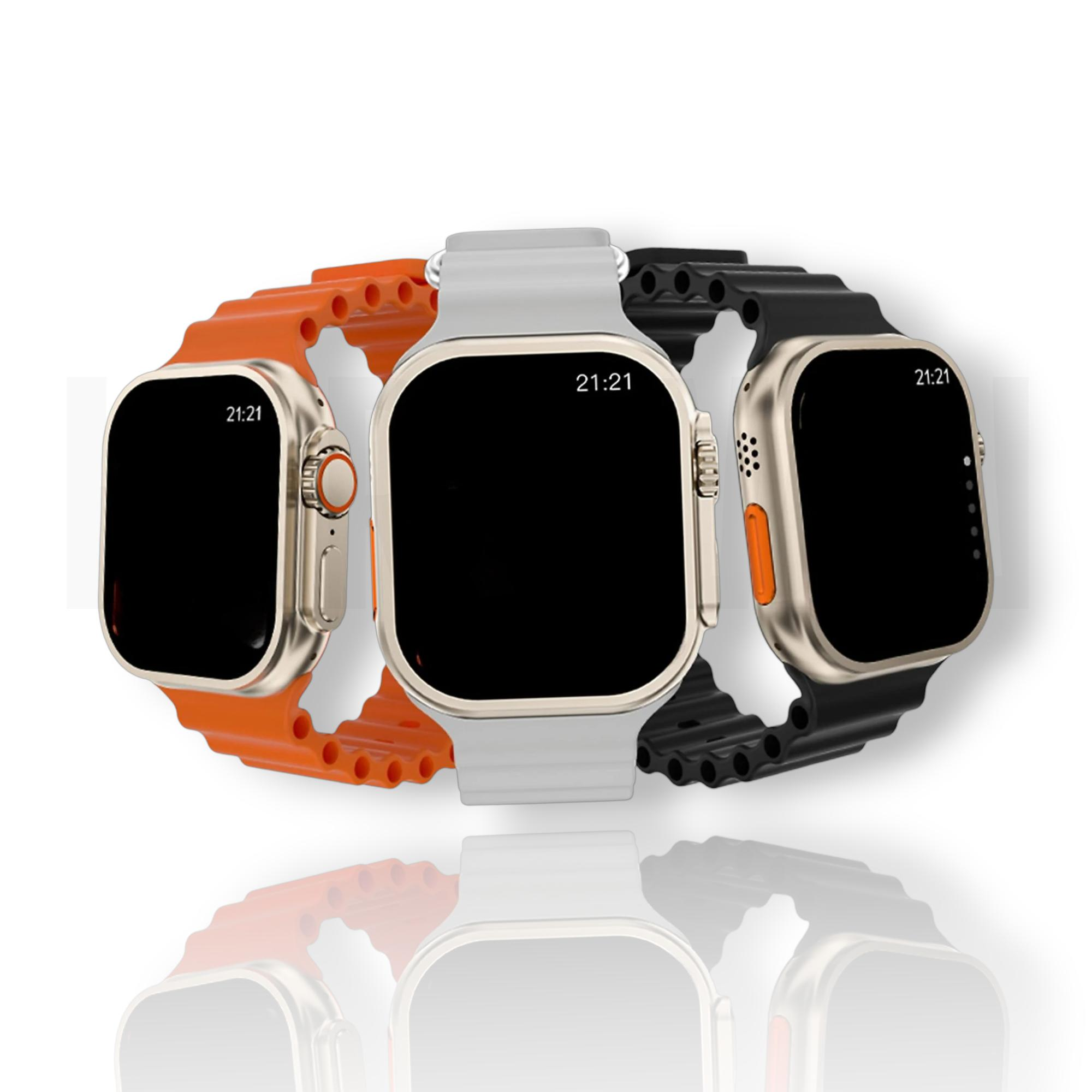 Tres smartwatches con pantallas negras y correas de diferentes colores: naranja, gris y negro. Todos muestran 21:21.