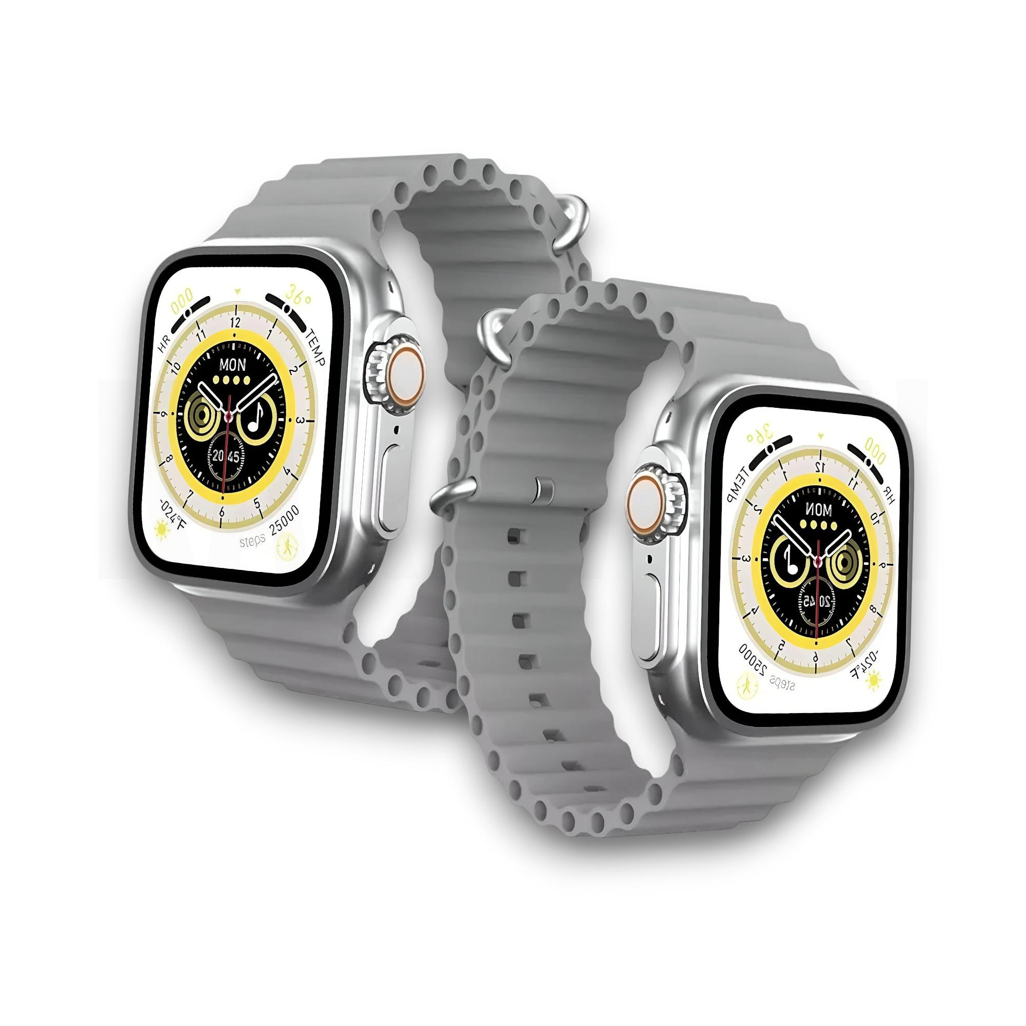 Se muestran dos smartwatches con correas grises, que muestran la hora y las métricas de salud. El fondo es blanco.