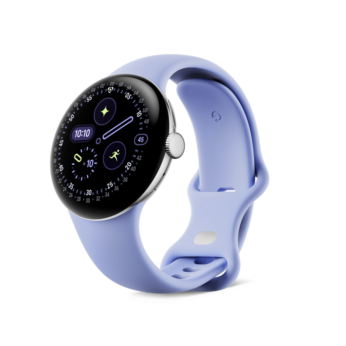 Jasnofioletowy smartwatch z okrągłą tarczą wyświetla czas i statystyki aktywności. Pasek również jasnofioletowy, na czarnym tle.