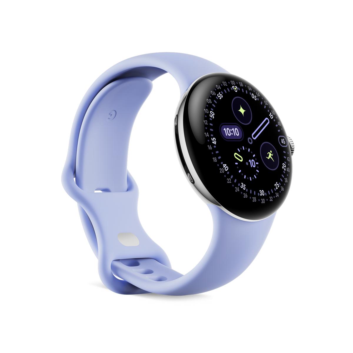 Jasnofioletowy smartwatch z okrągłym ekranem wyświetlającym godzinę i wskaźniki fitness. Pasek również jest jasnofioletowy.