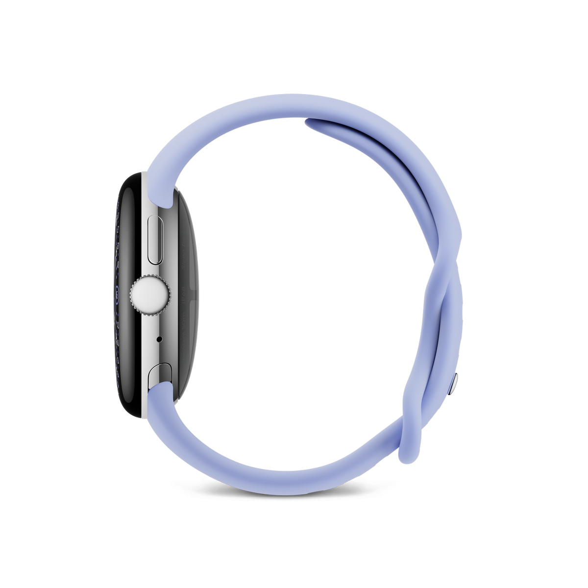 Srebrny smartwatch z jasnofioletowym paskiem na czarnym tle, widok z boku.