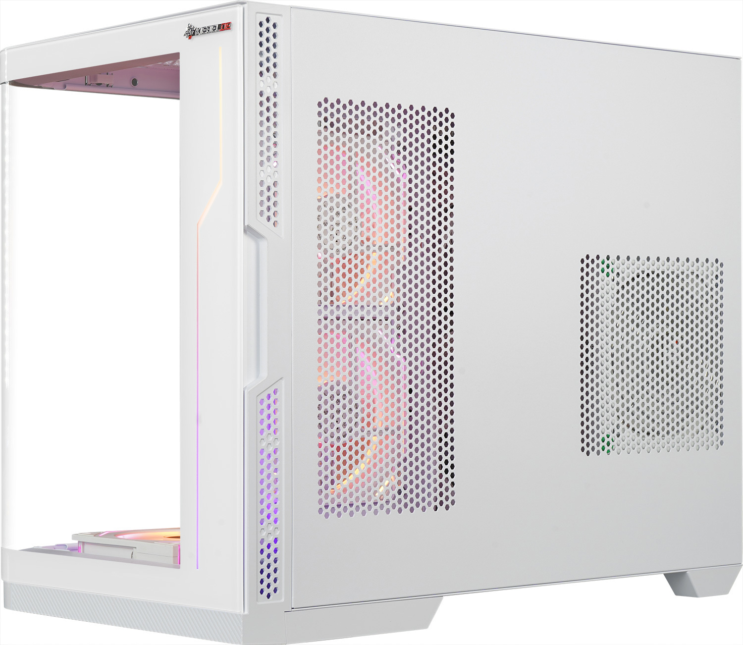 Ein weißes Computergehäuse mit einer Glasseitenwand. Es hat perforierte Paneele und eine farbenfrohe Lichtanzeige im Inneren.