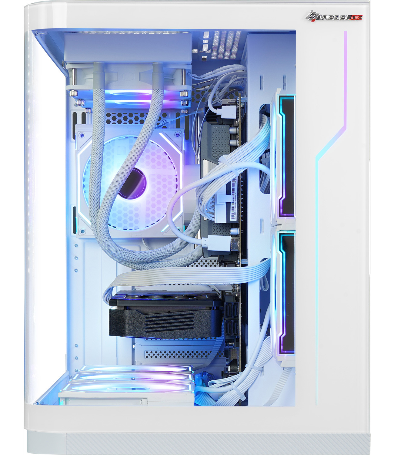 A white computer case with internal components illuminated by blue and purple lights. Fans, cables, and a graphics card are visible.