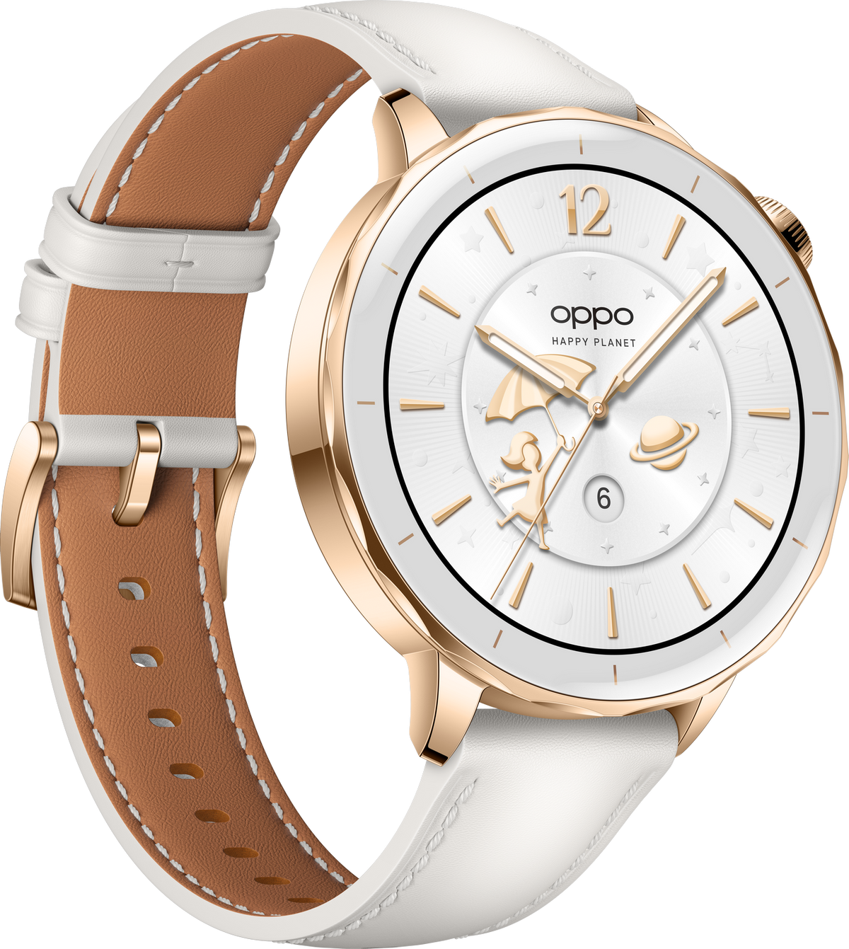 Un reloj inteligente Oppo Happy Planet blanco y dorado. Tiene una esfera blanca, manecillas doradas y una correa de cuero blanca con interior marrón.
