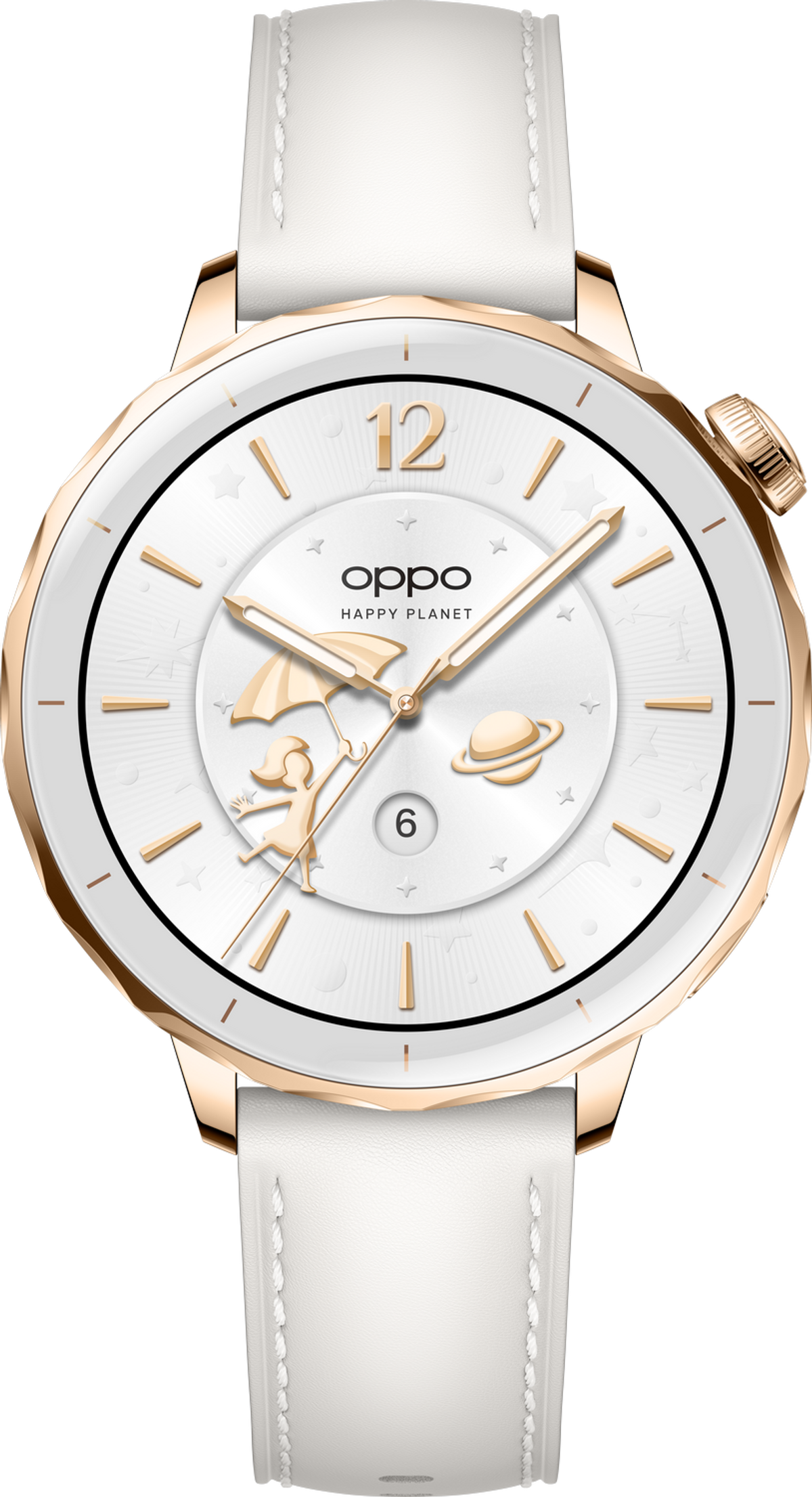 Un reloj inteligente Oppo blanco y dorado con una esfera que presenta a una niña sosteniendo un paraguas y la palabra 'HAPPY PLANET'.