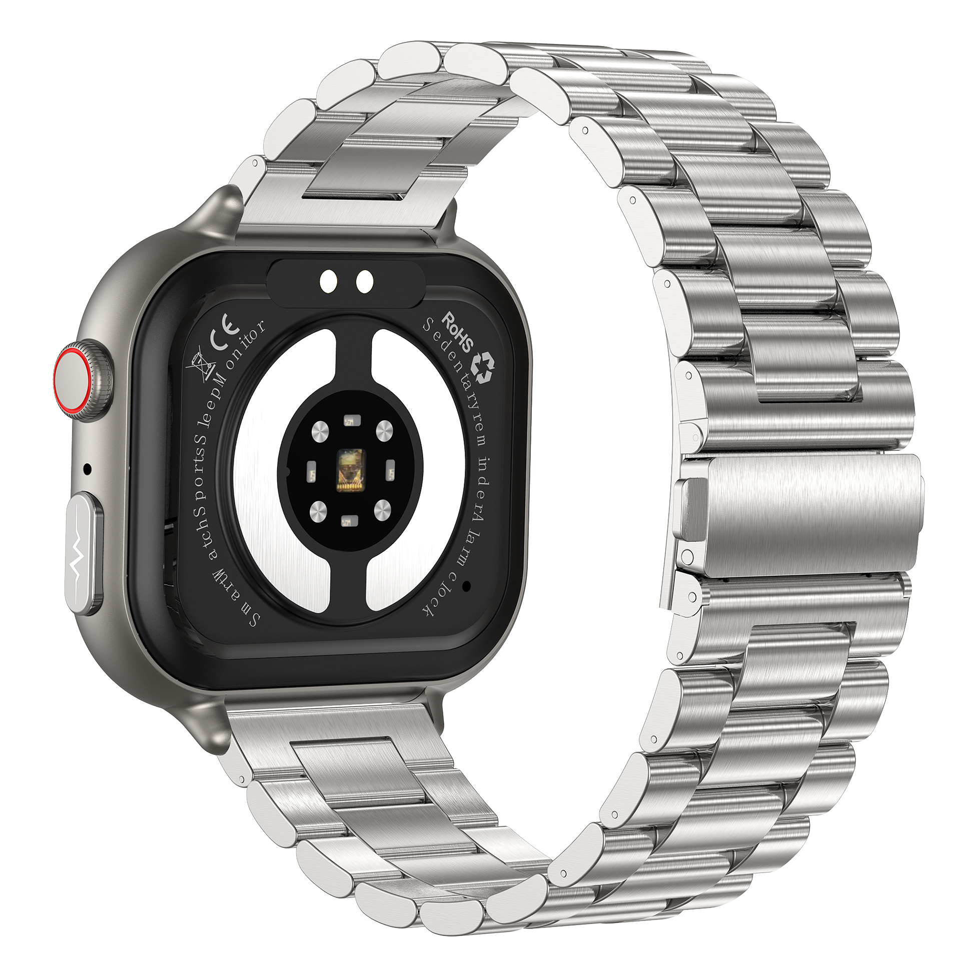 Srebrny smartwatch z metalową bransoletą na białym tle, pokazujący tył i szczegóły bransolety.