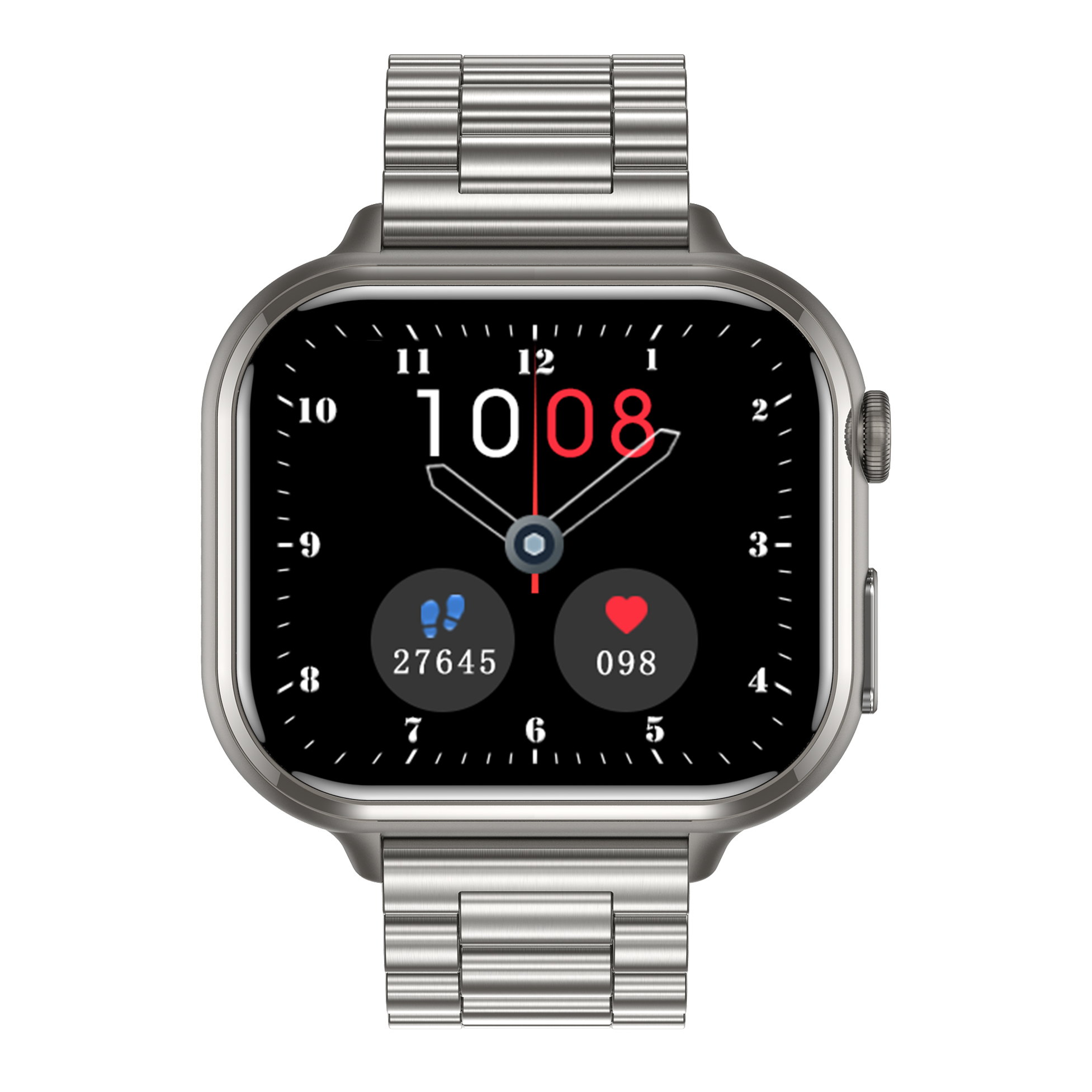 Srebrny smartwatch z czarnym wyświetlaczem pokazującym czas, kroki i tętno. Posiada srebrną bransoletę i przycisk.