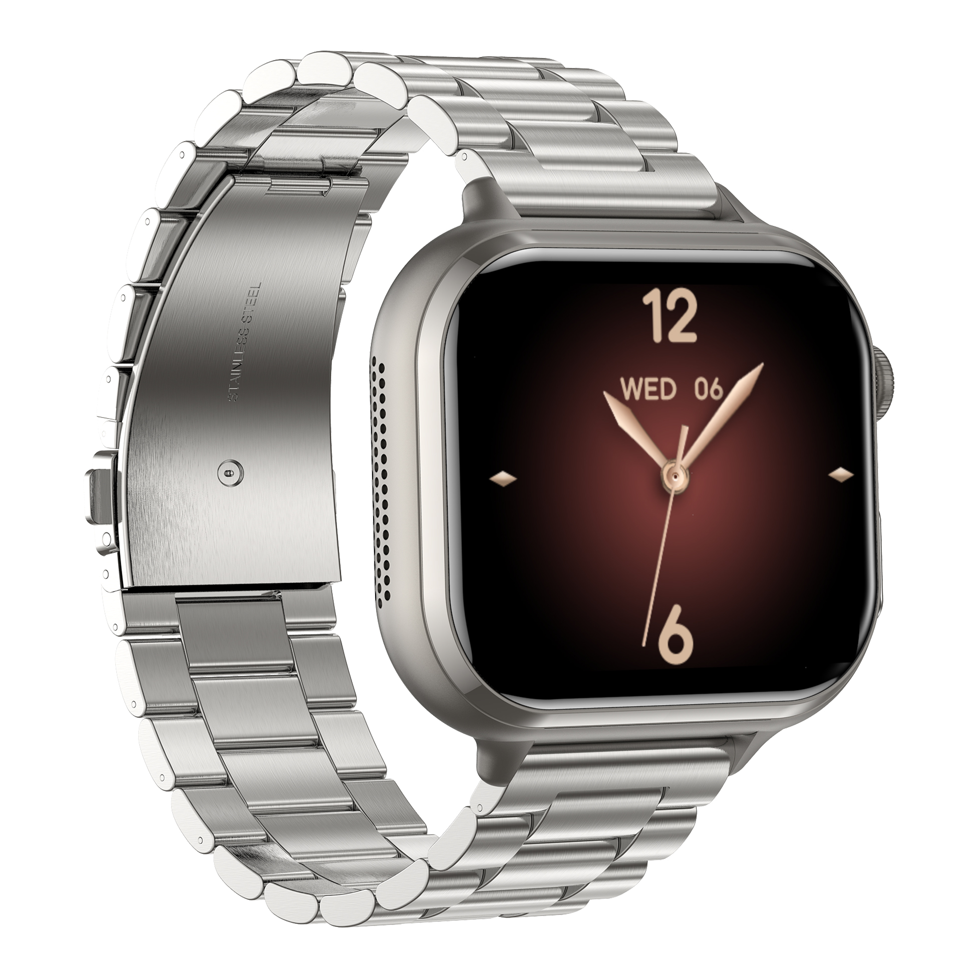 Srebrny smartwatch z metalową bransoletą wyświetla godzinę. Ekran pokazuje 12, środę i 6.